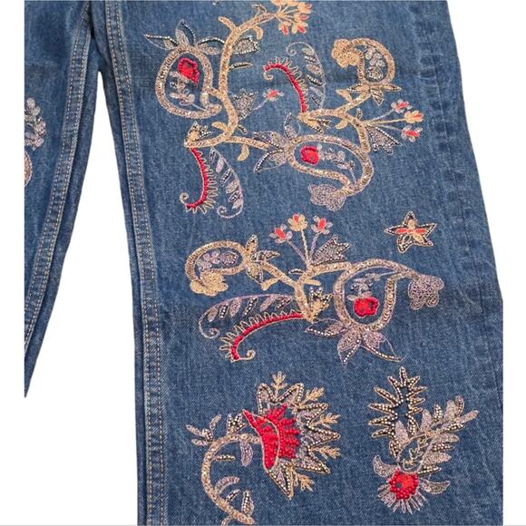 ZARA the New Culotte Embroidered Beaded Raw‎ Hem Straight Leg Jeans Sz Large New - Picture 5 of 16